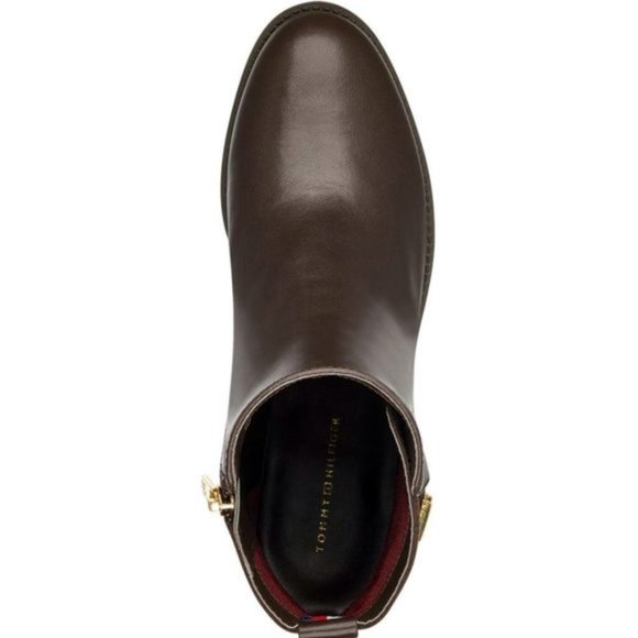 Tommy Hilfiger Irsela Brown Gold Ankle Zip Leather Booties - Picture 11 of 13
